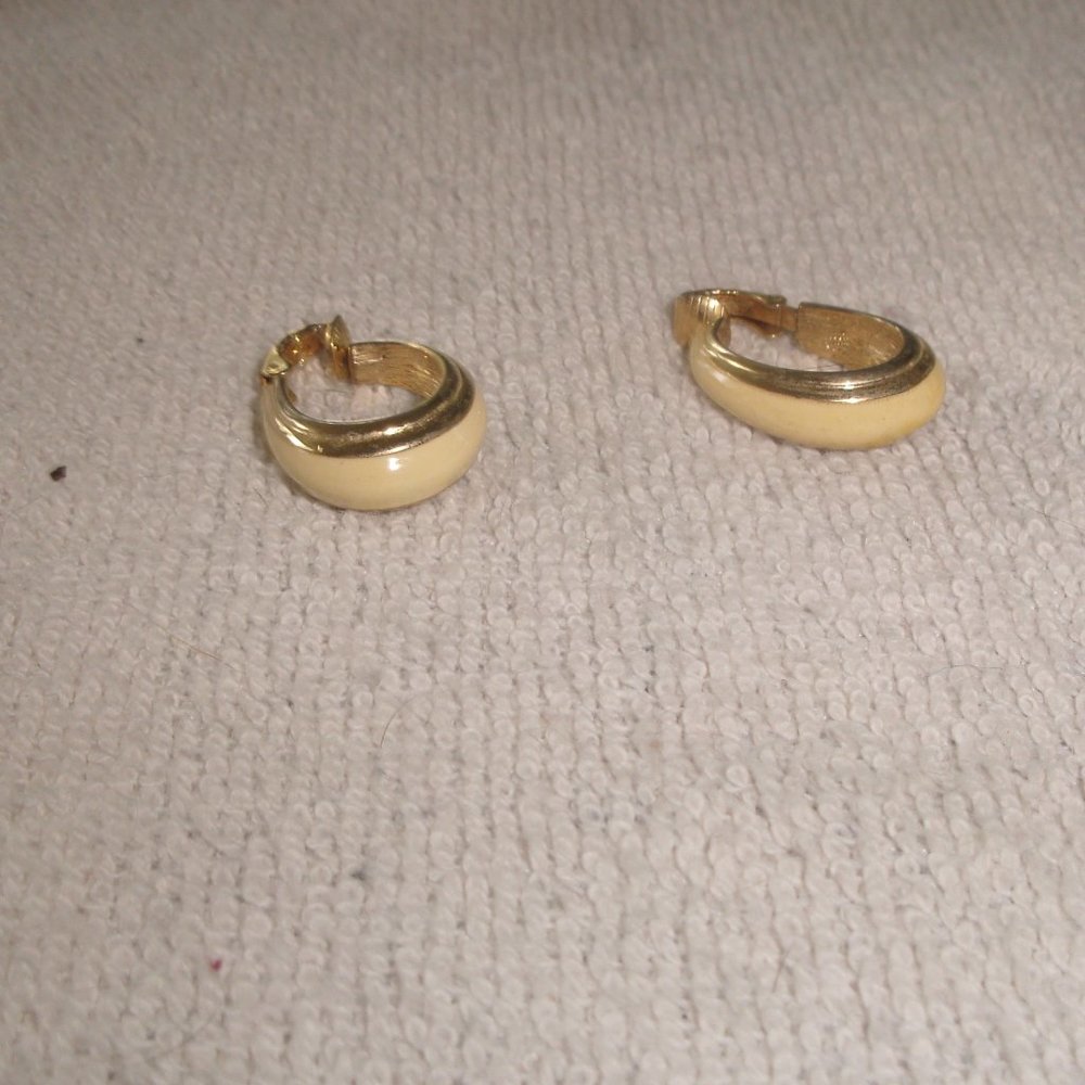 Direction One clip earrings gold tone ivory enamel hoops